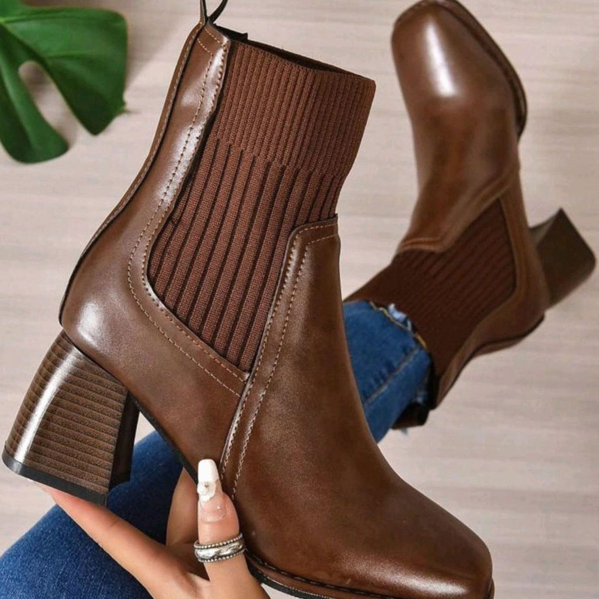 Penelope | Women's Block Heel Slip-On Ankle Boots Knit Sock Shaft