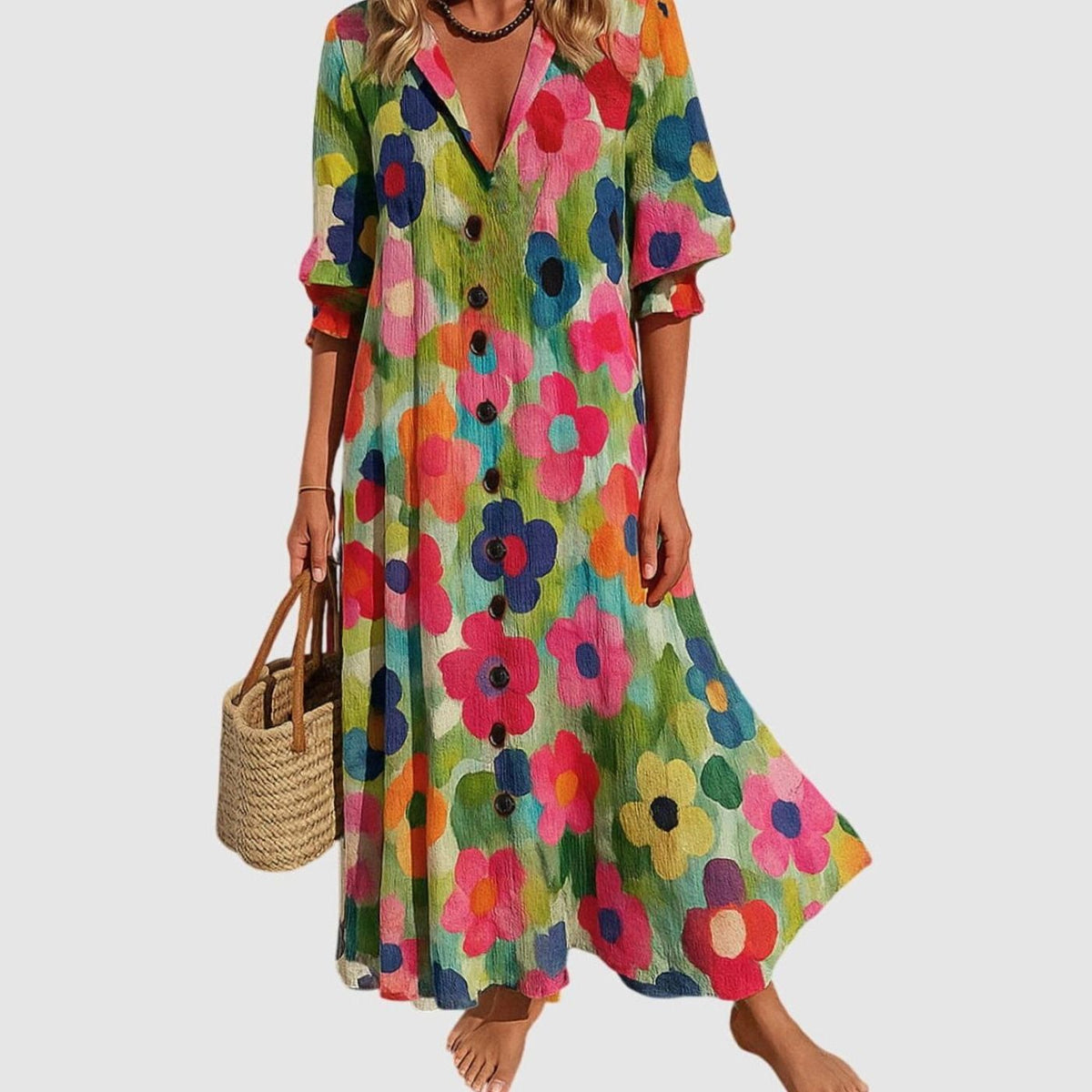 Eleanor | Women's Blooming Floral Button-Front V-Neck Maxi Dress