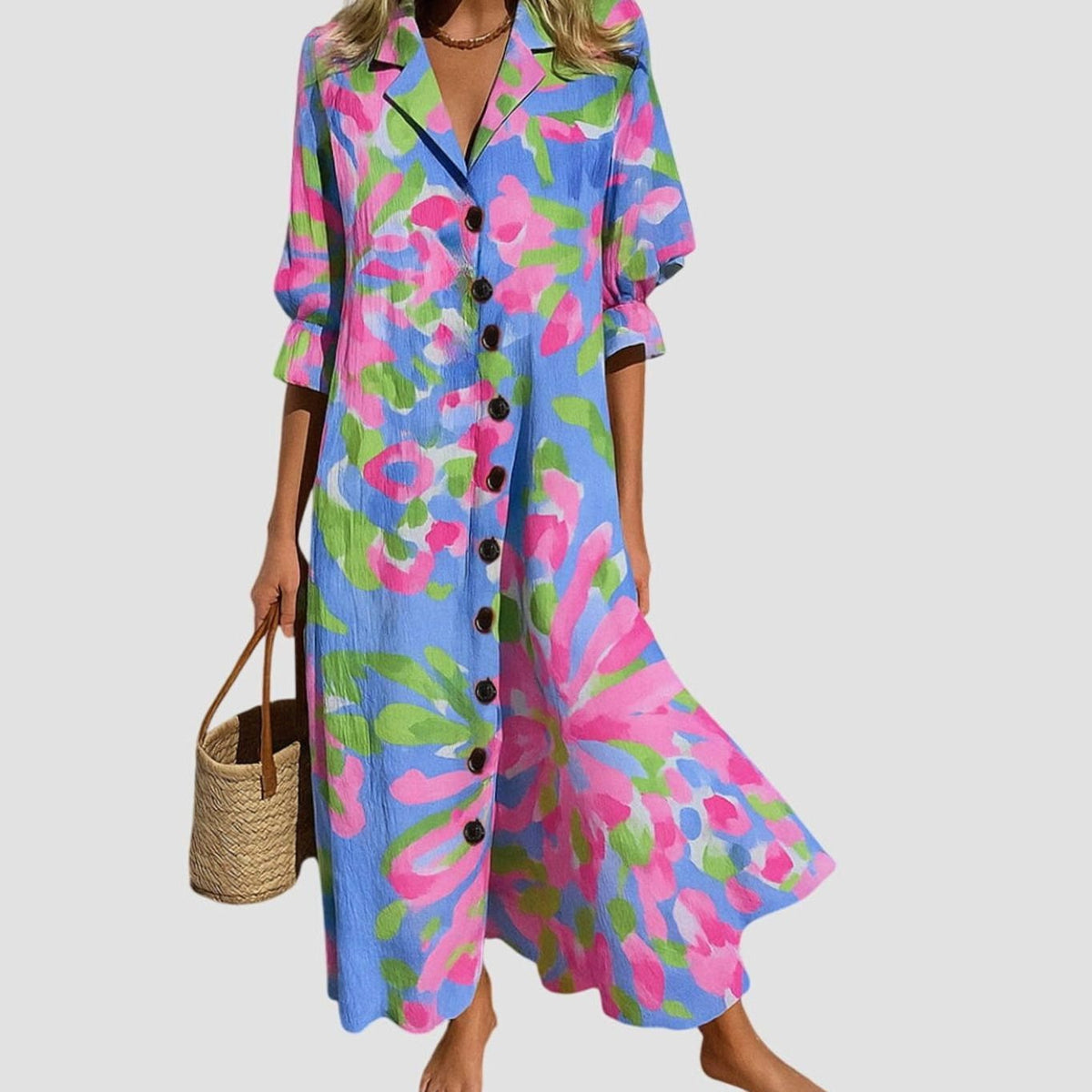 Eleanor | Women's Blooming Floral Button-Front V-Neck Maxi Dress