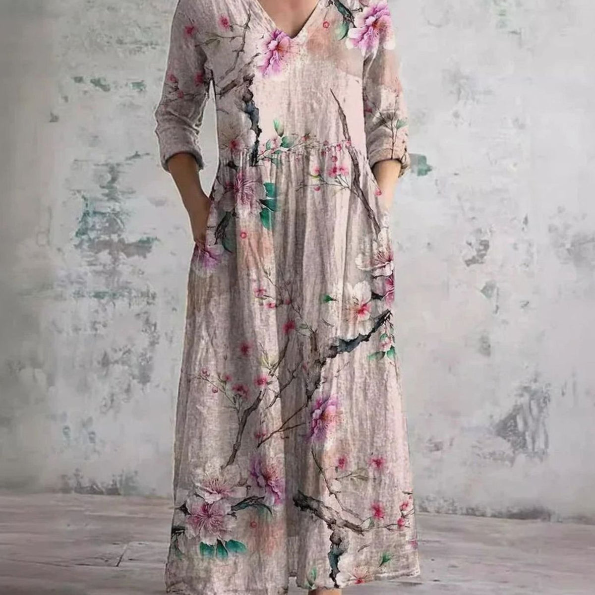 Eleanor | Women's Boho Floral Print V-Neck Midi Dress