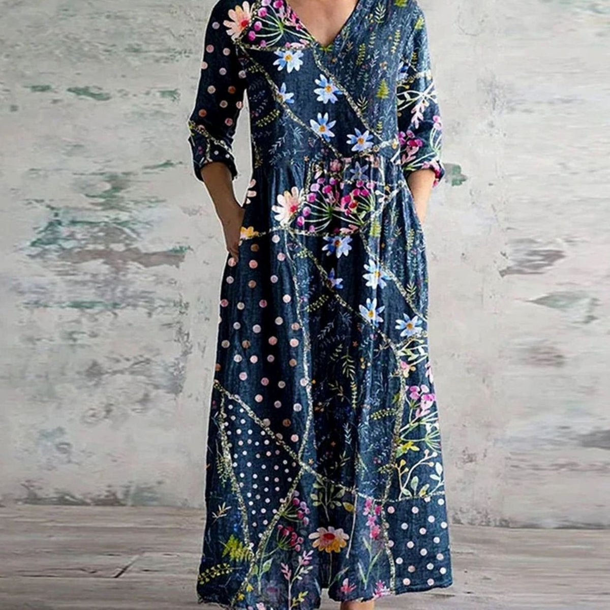 Eleanor | Women's Boho Floral Print V-Neck Midi Dress