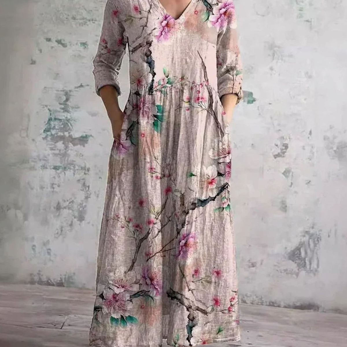 Eleanor | Women's Boho Floral Print V-Neck Midi Dress
