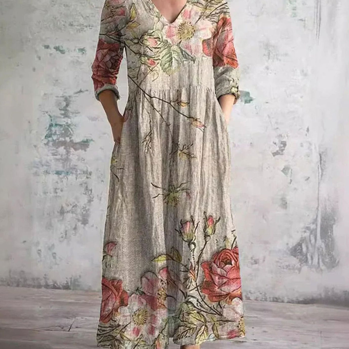 Eleanor | Women's Boho Floral Print V-Neck Midi Dress
