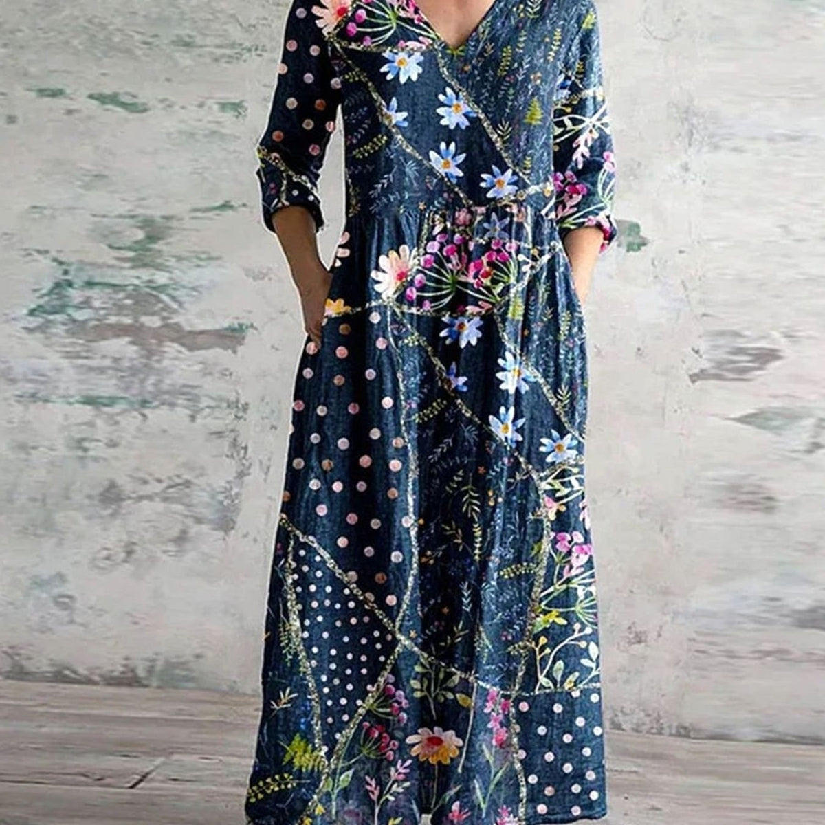 Eleanor | Women's Boho Floral Print V-Neck Midi Dress