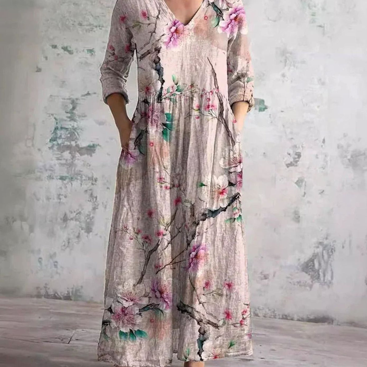 Eleanor | Women's Boho Floral Print V-Neck Midi Dress
