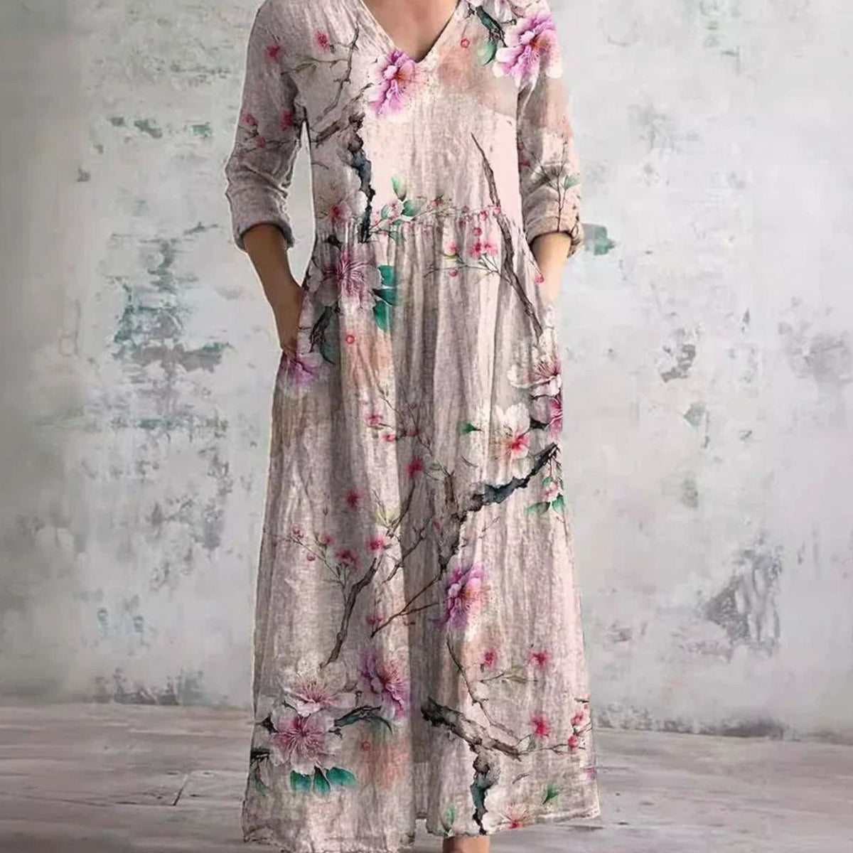 Eleanor | Women's Boho Floral Print V-Neck Midi Dress