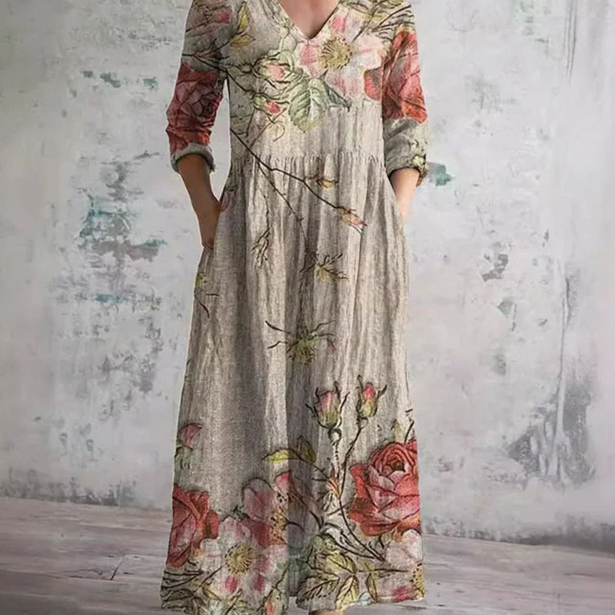 Eleanor | Women's Boho Floral Print V-Neck Midi Dress