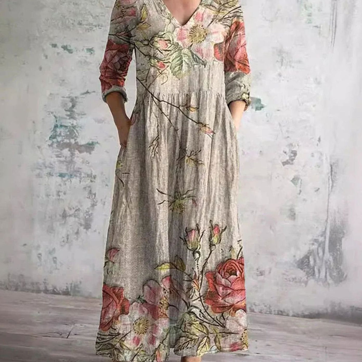 Eleanor | Women's Boho Floral Print V-Neck Midi Dress