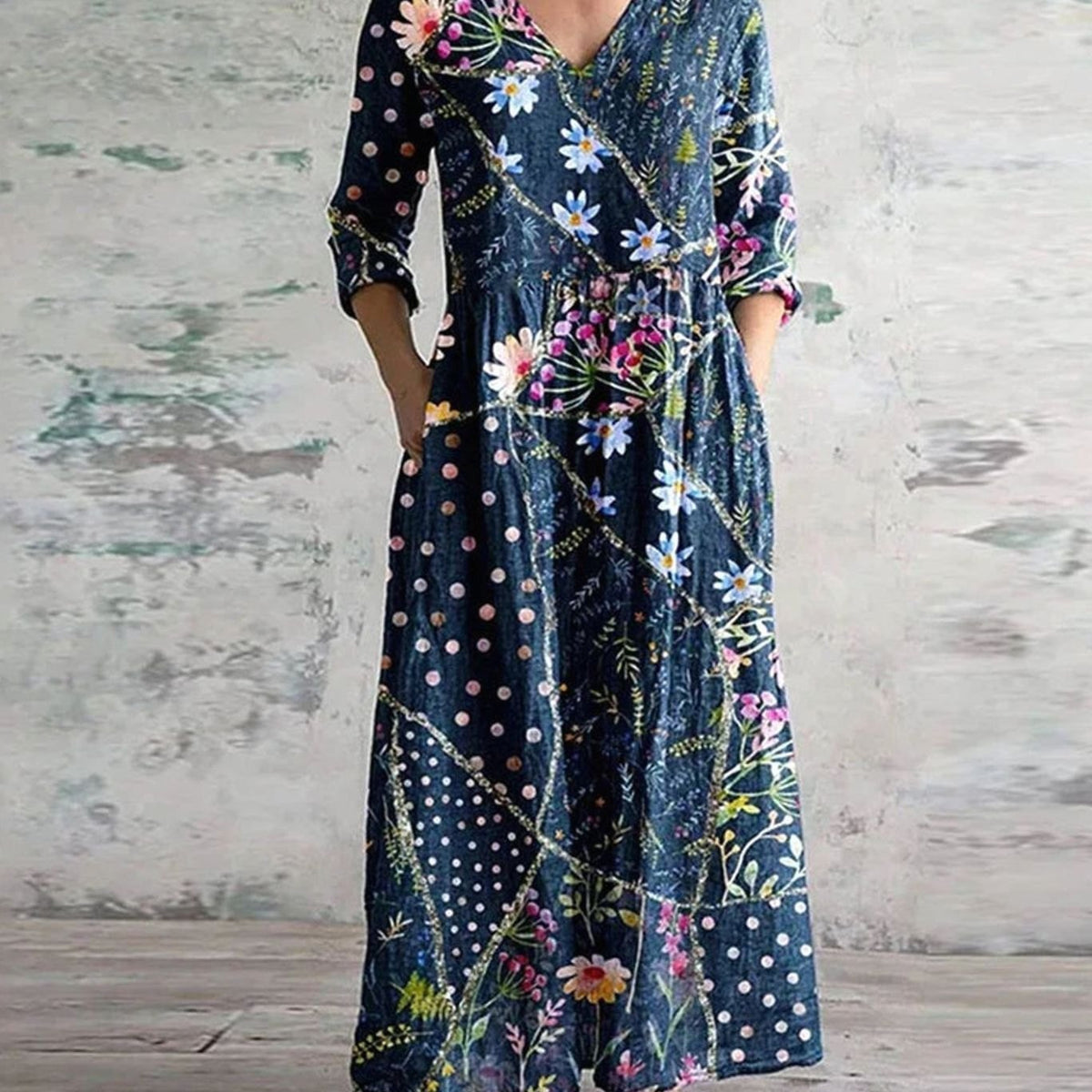 Eleanor | Women's Boho Floral Print V-Neck Midi Dress