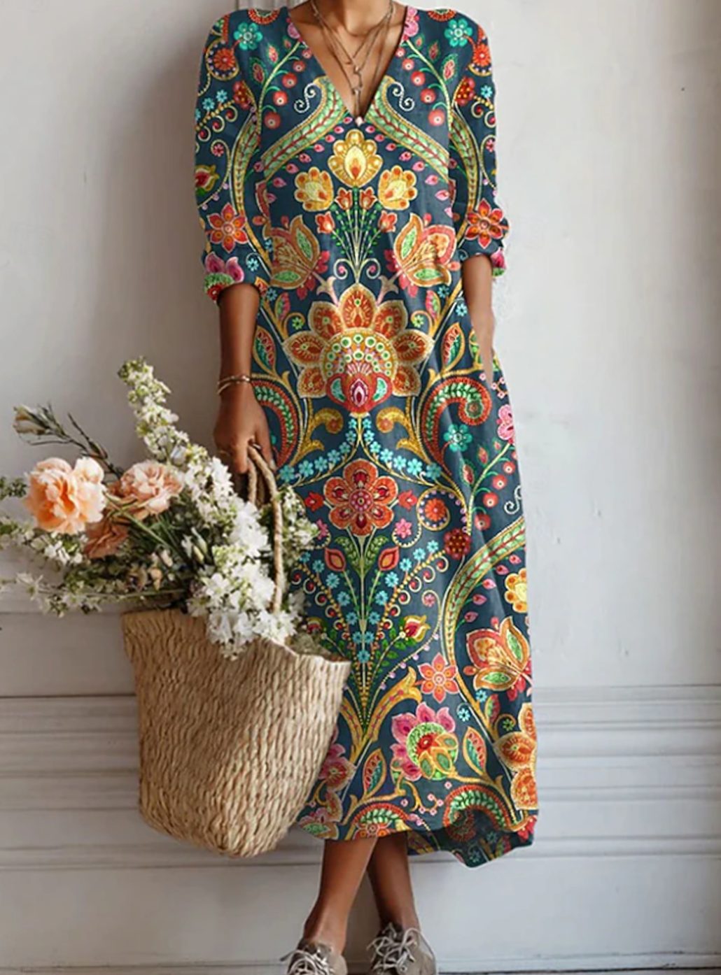 Grace | Women's Boho Floral V-Neck Long Sleeve Maxi Dress