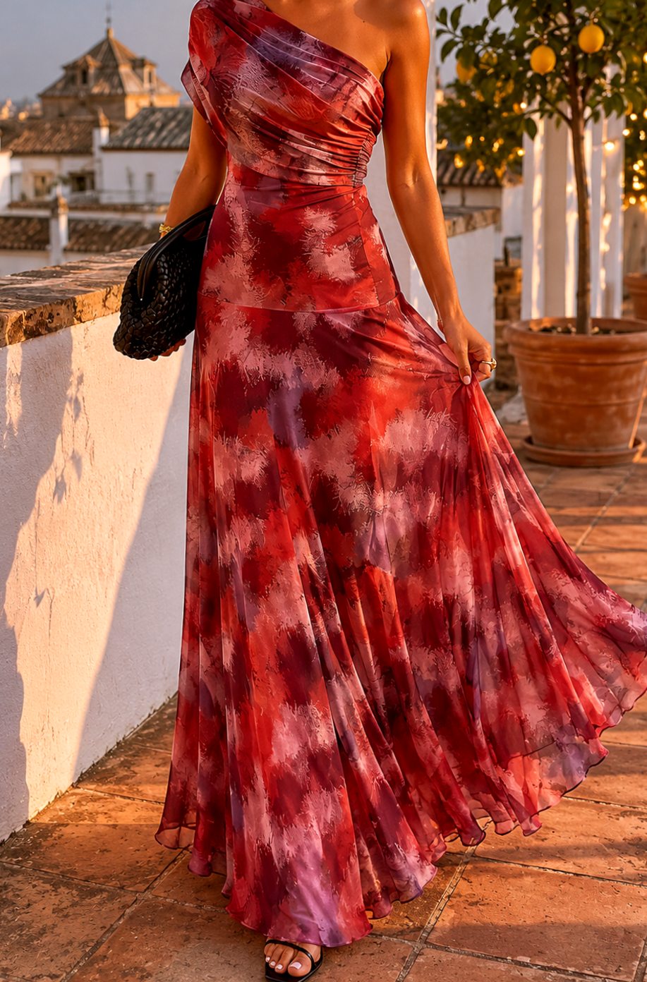 Evelyn | Women's Boho One-Shoulder Ruched Flowy Maxi Dress
