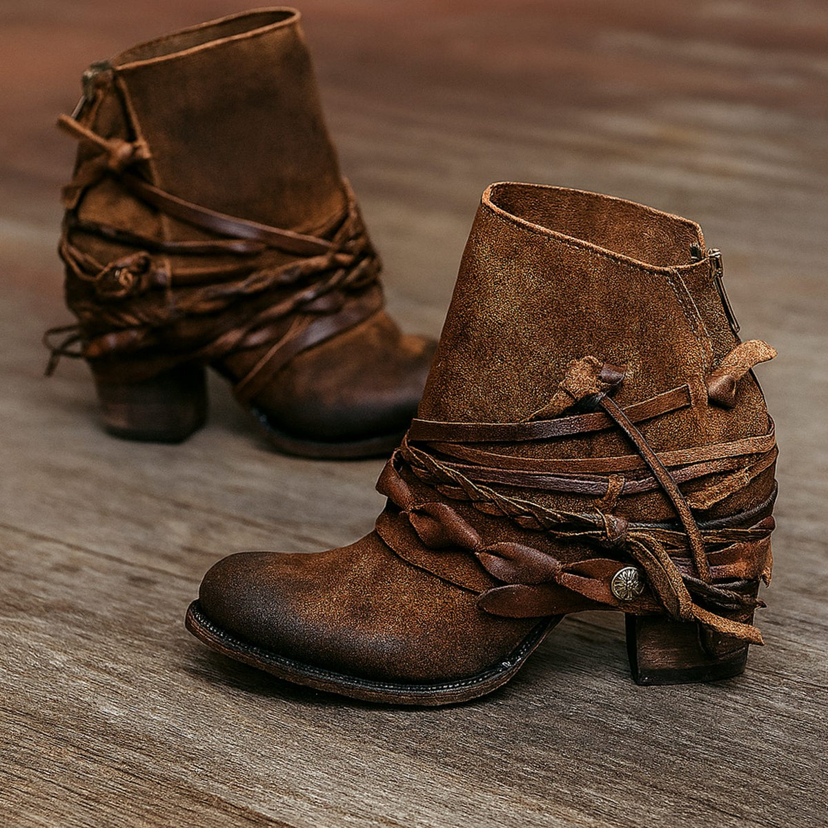 Amelia | Women's Boho Western Wrap-Strap Block-Heel Ankle Boots