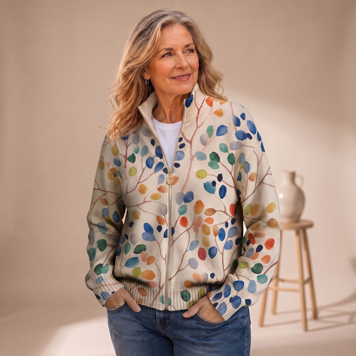Camila | Women's Botanical Leaf Print Full-Zip Bomber Cardigan