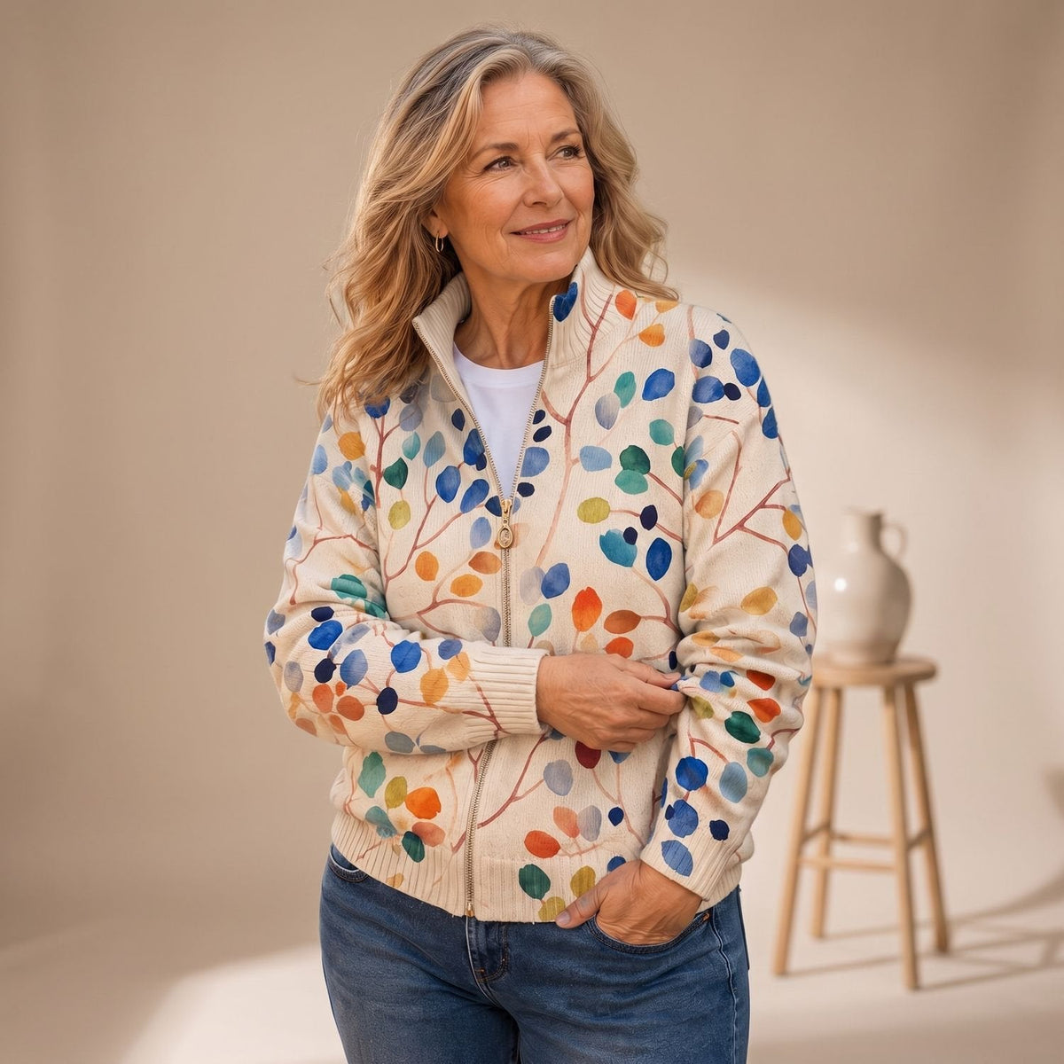 Camila | Women's Botanical Leaf Print Full-Zip Bomber Cardigan