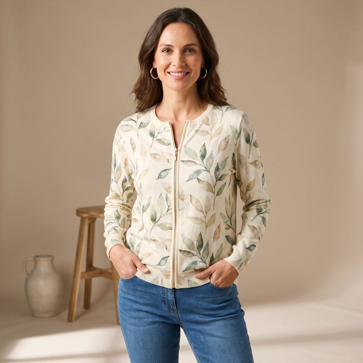 Camila | Women's Botanical Leaf Print Full-Zip Bomber Cardigan