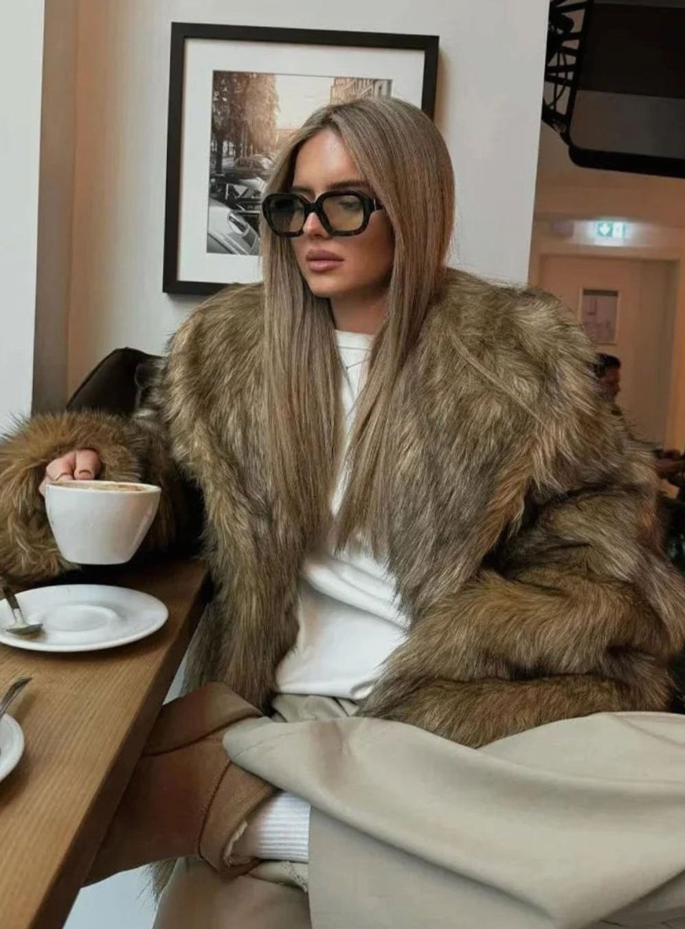 Evelyn | Women's Brown Faux Fur Long-Sleeve Winter Coat