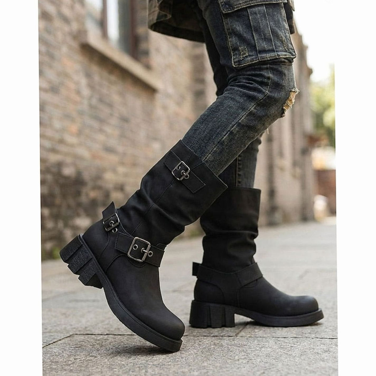 Amelia | Women's Buckle-Strap Mid-Calf Slouch Biker Boots