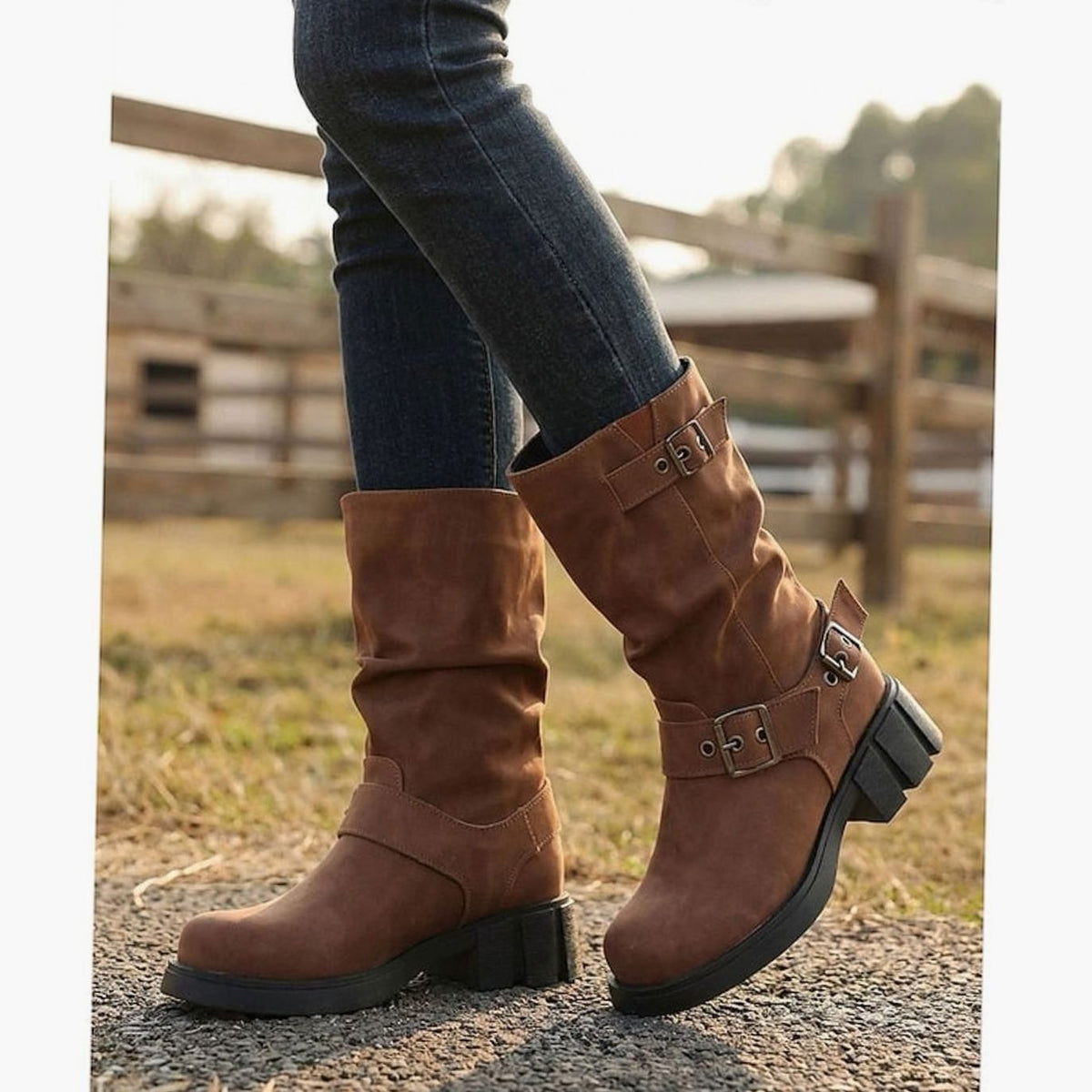 Amelia | Women's Buckle-Strap Mid-Calf Slouch Biker Boots