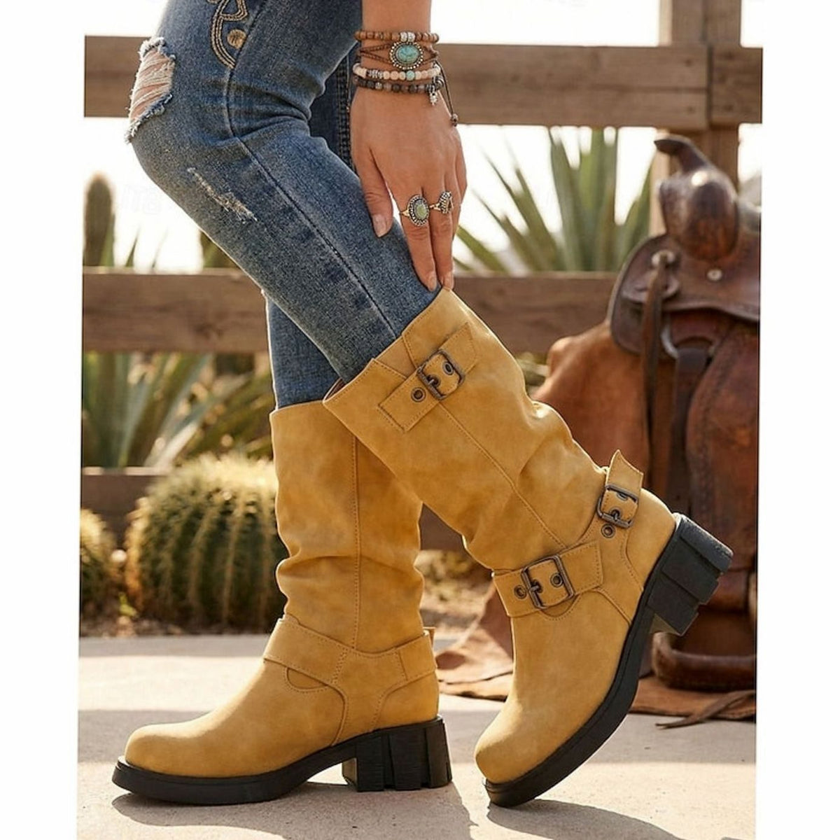 Amelia | Women's Buckle-Strap Mid-Calf Slouch Biker Boots