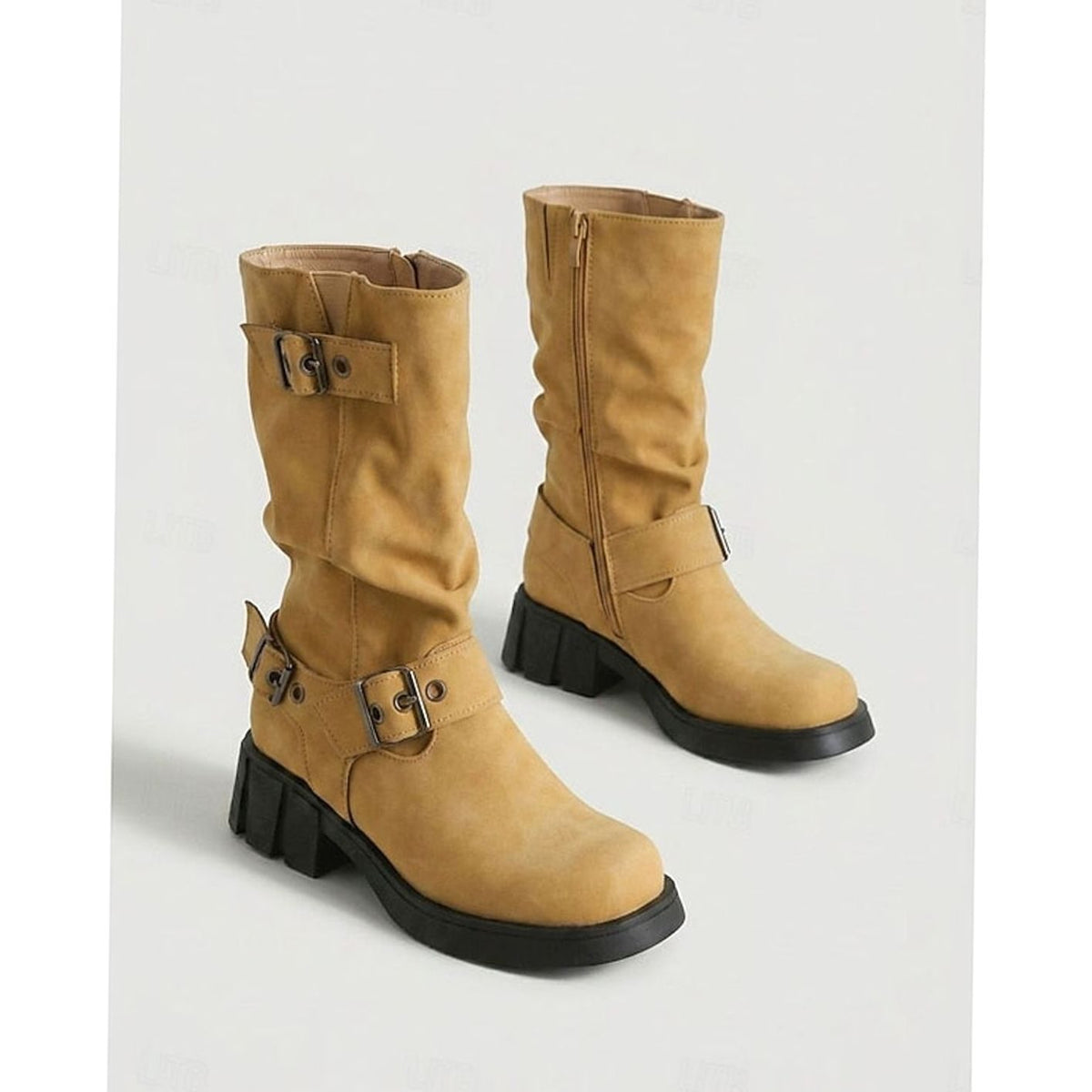 Amelia | Women's Buckle-Strap Mid-Calf Slouch Biker Boots