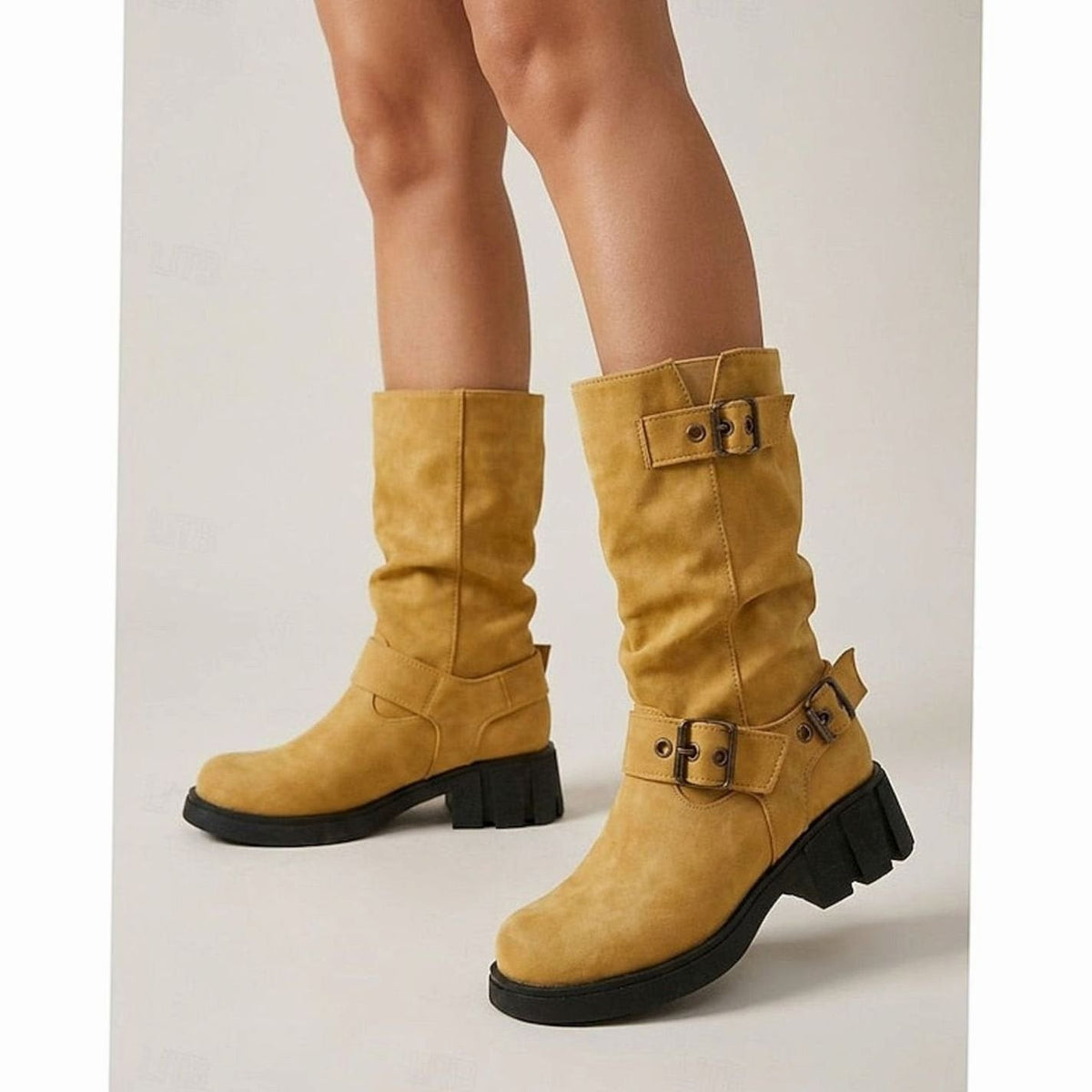 Amelia | Women's Buckle-Strap Mid-Calf Slouch Biker Boots
