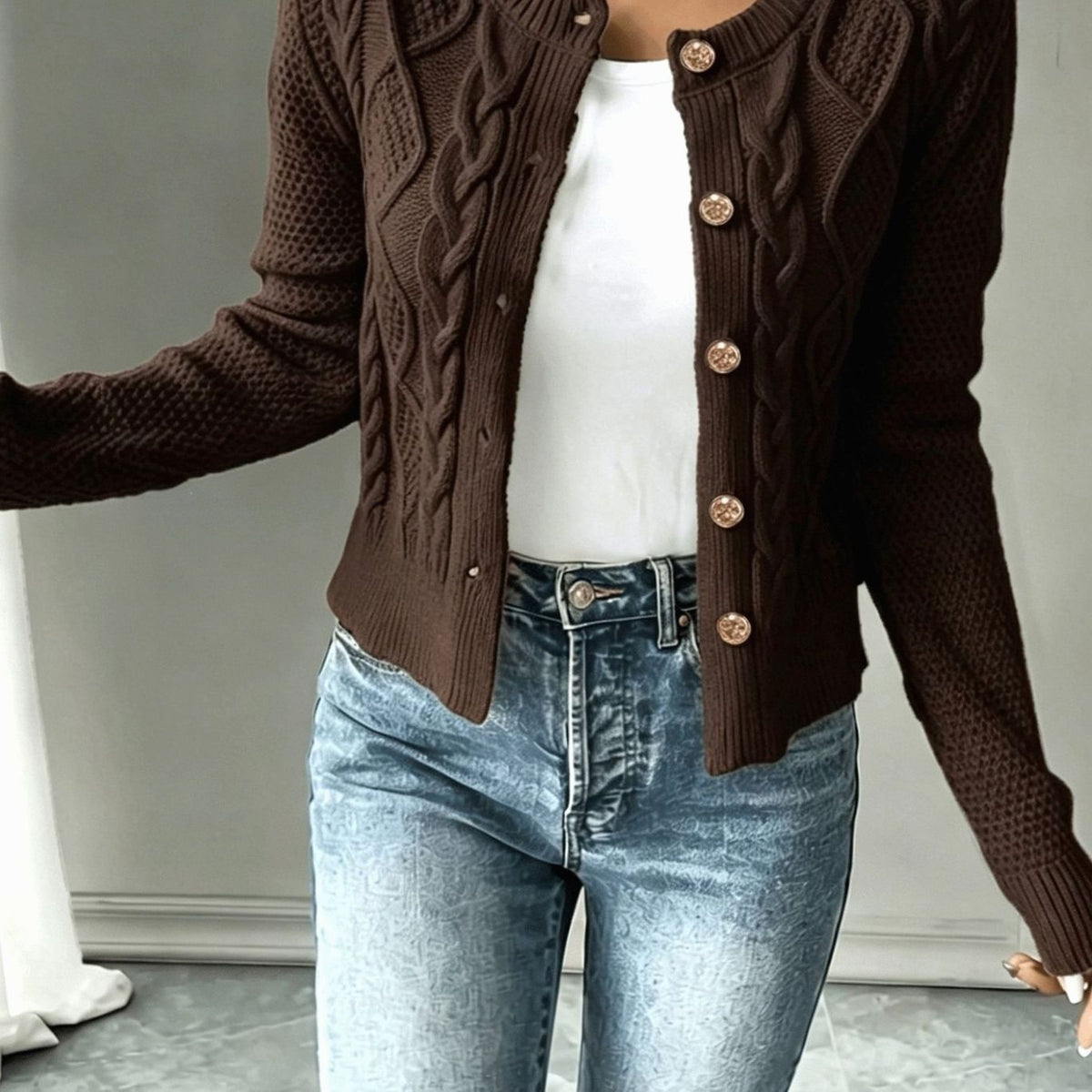Penelope | Women's Cable-Knit Button-Front Cropped Cardigan Sweater
