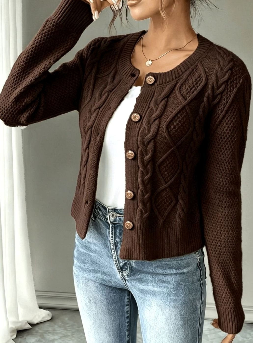 Penelope | Women's Cable-Knit Button-Front Cropped Cardigan Sweater