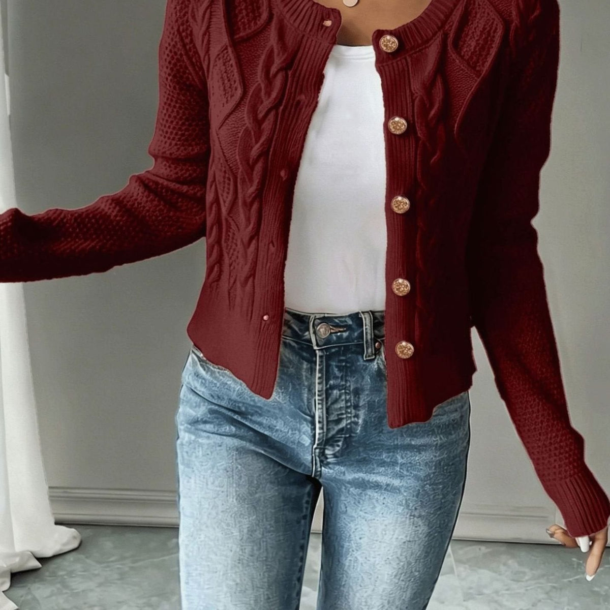 Penelope | Women's Cable-Knit Button-Front Cropped Cardigan Sweater