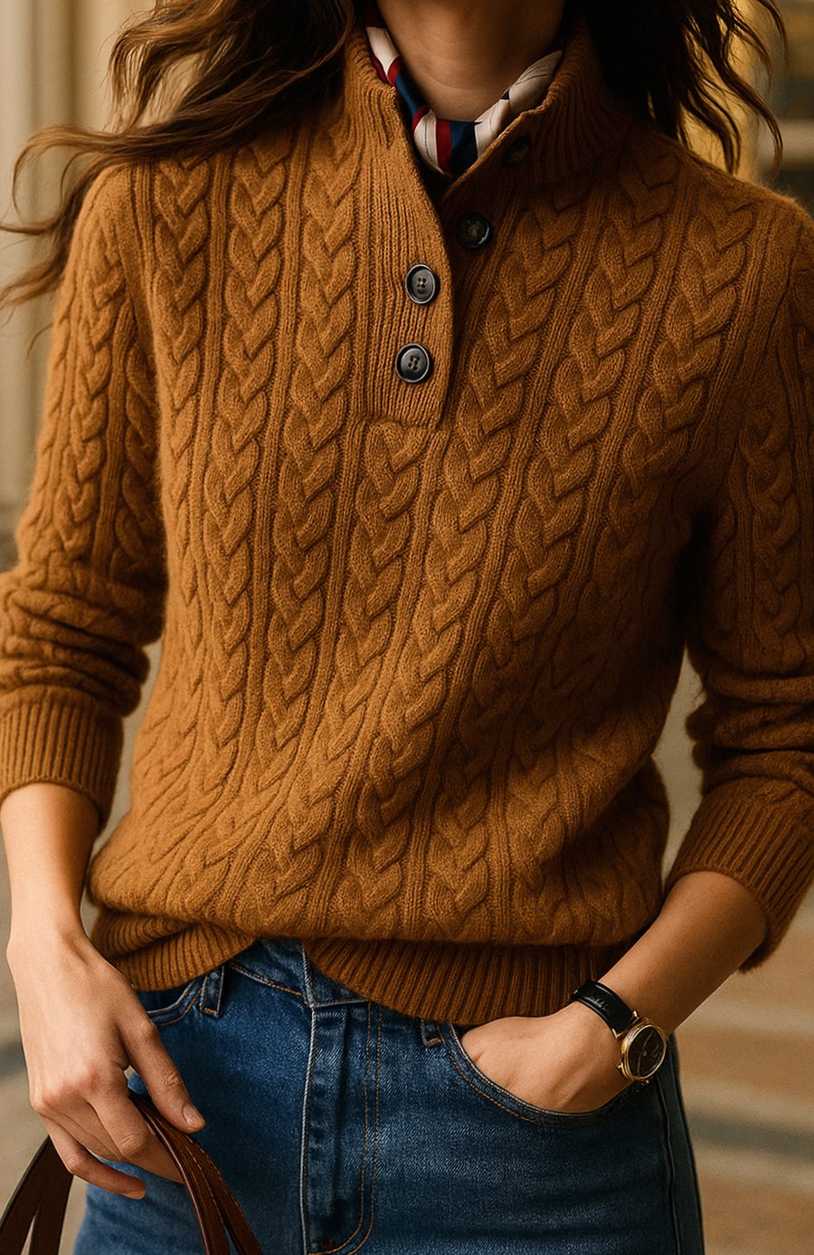 Grace | Women's Cable-Knit Button-Neck Long-Sleeve Sweater