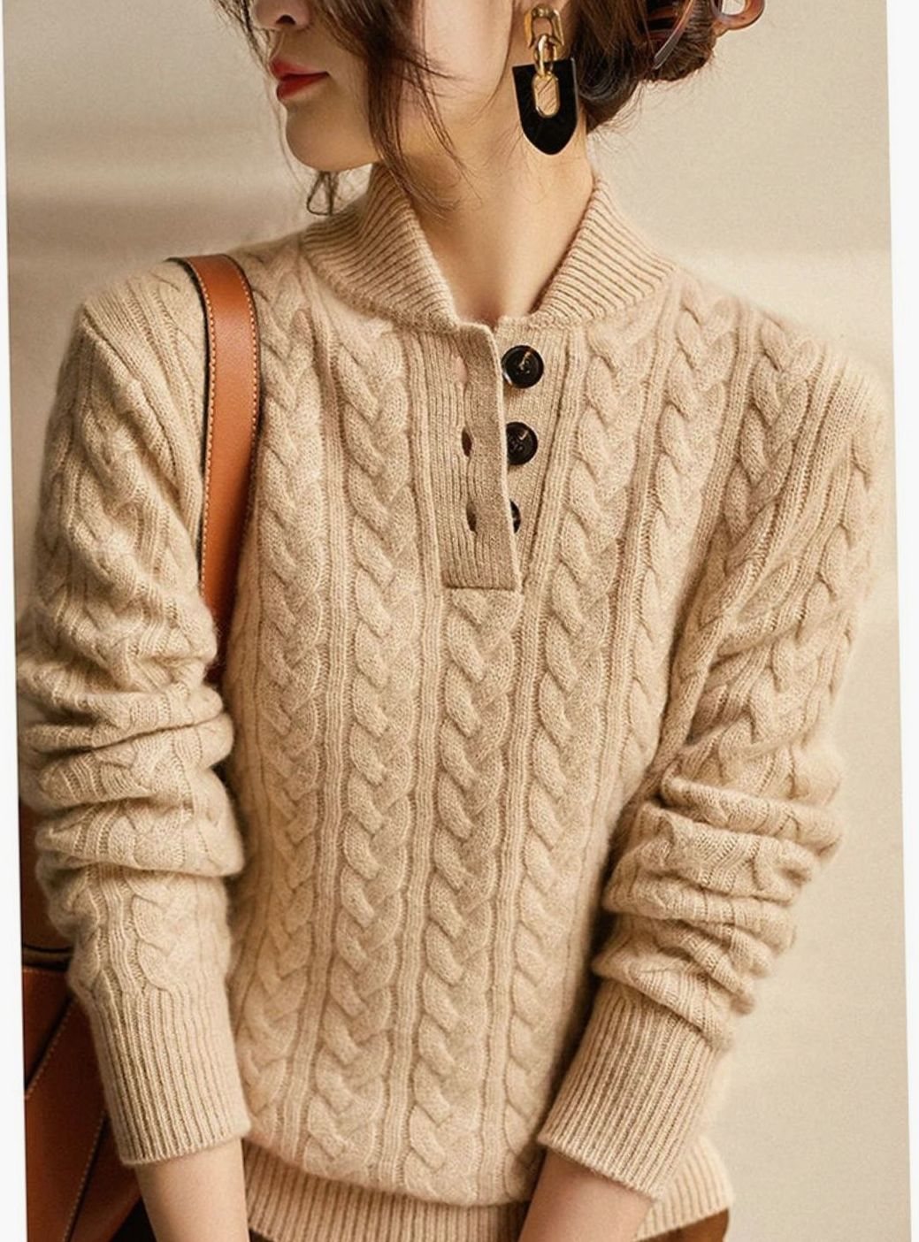 Grace | Women's Cable-Knit Button-Neck Long-Sleeve Sweater