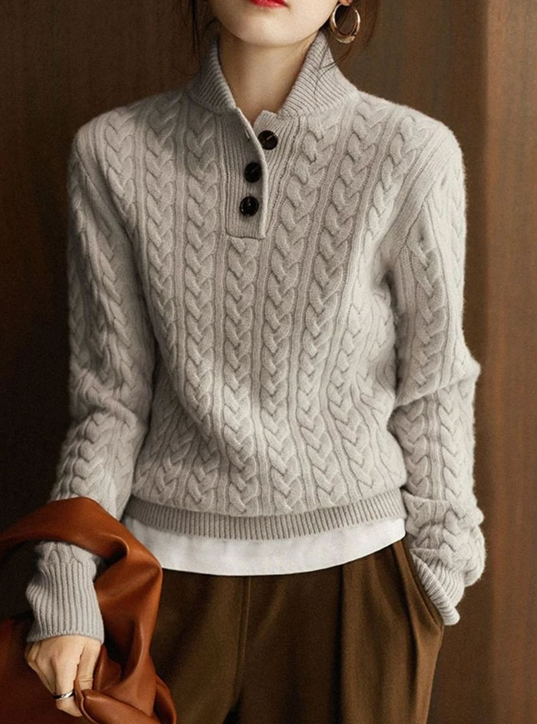 Grace | Women's Cable-Knit Button-Neck Long-Sleeve Sweater