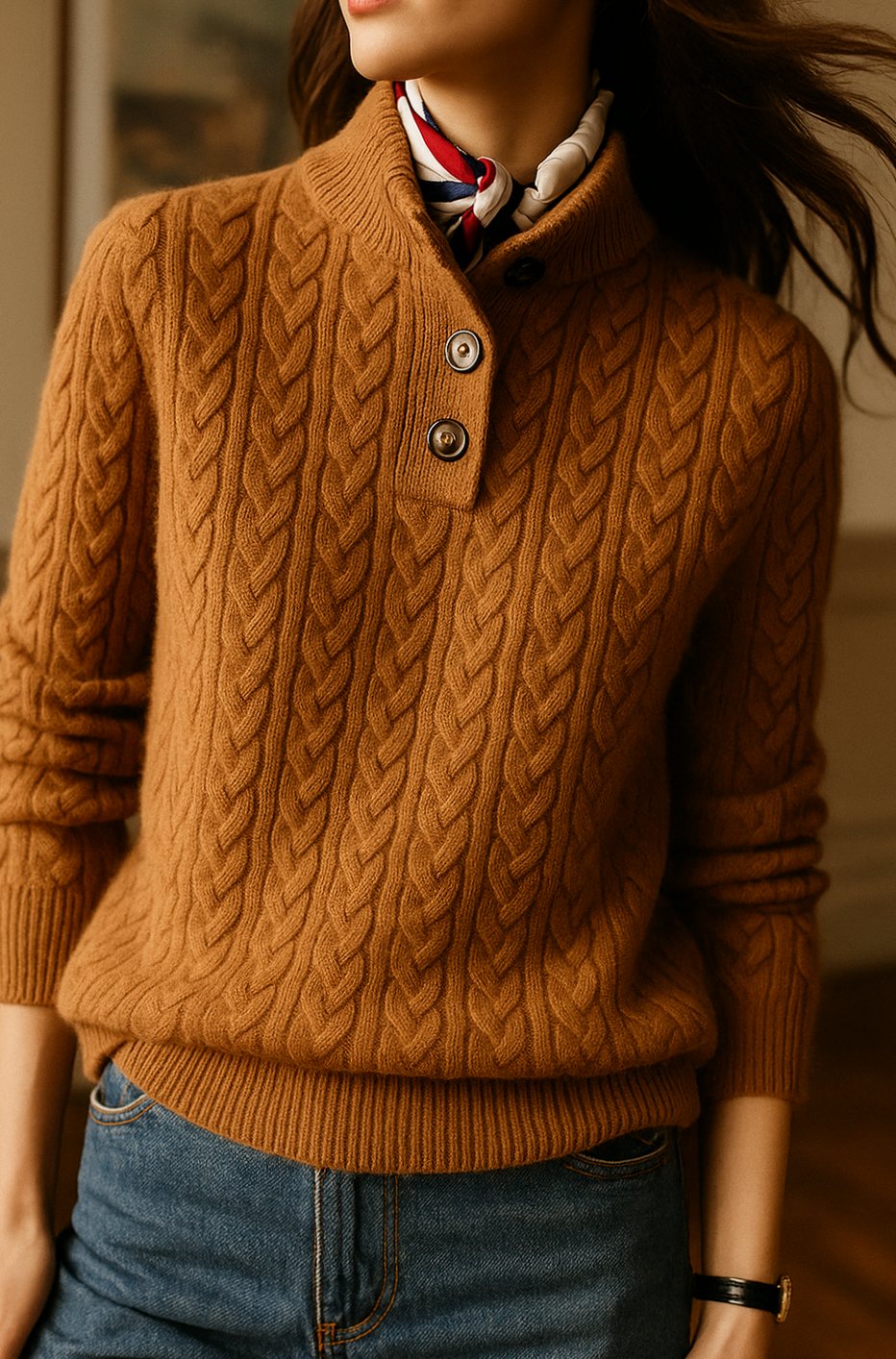 Grace | Women's Cable-Knit Button-Neck Long-Sleeve Sweater