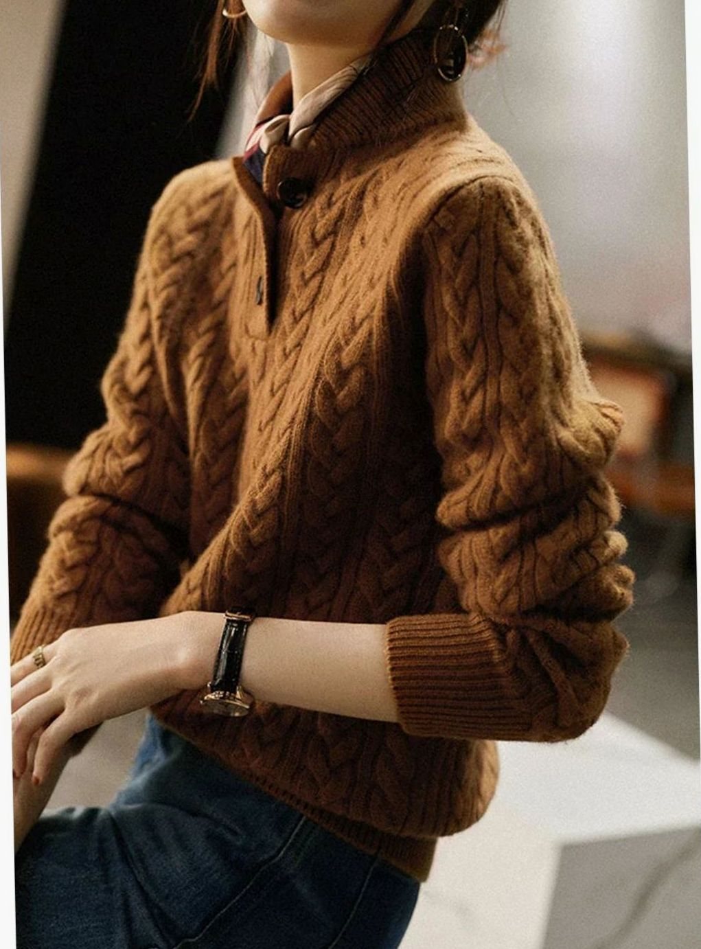 Grace | Women's Cable-Knit Button-Neck Long-Sleeve Sweater