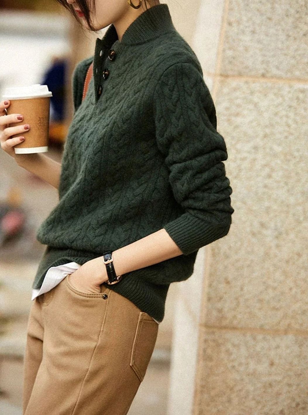 Grace | Women's Cable-Knit Button-Neck Long-Sleeve Sweater