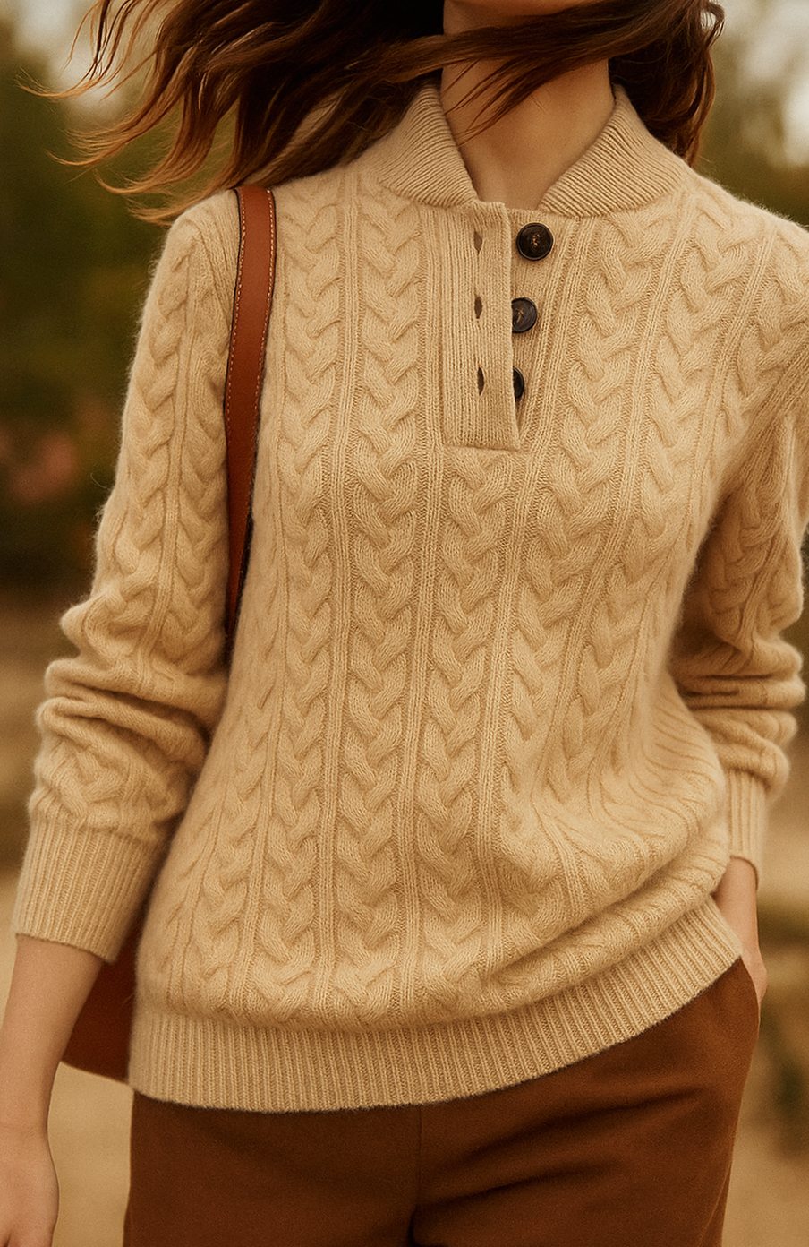 Grace | Women's Cable-Knit Button-Neck Long-Sleeve Sweater