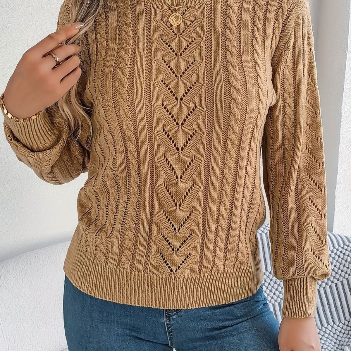 Olivia | Women's Cable-Knit Openwork Crew-Neck Pullover Sweater