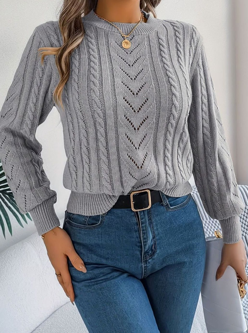 Olivia | Women's Cable-Knit Openwork Crew-Neck Pullover Sweater