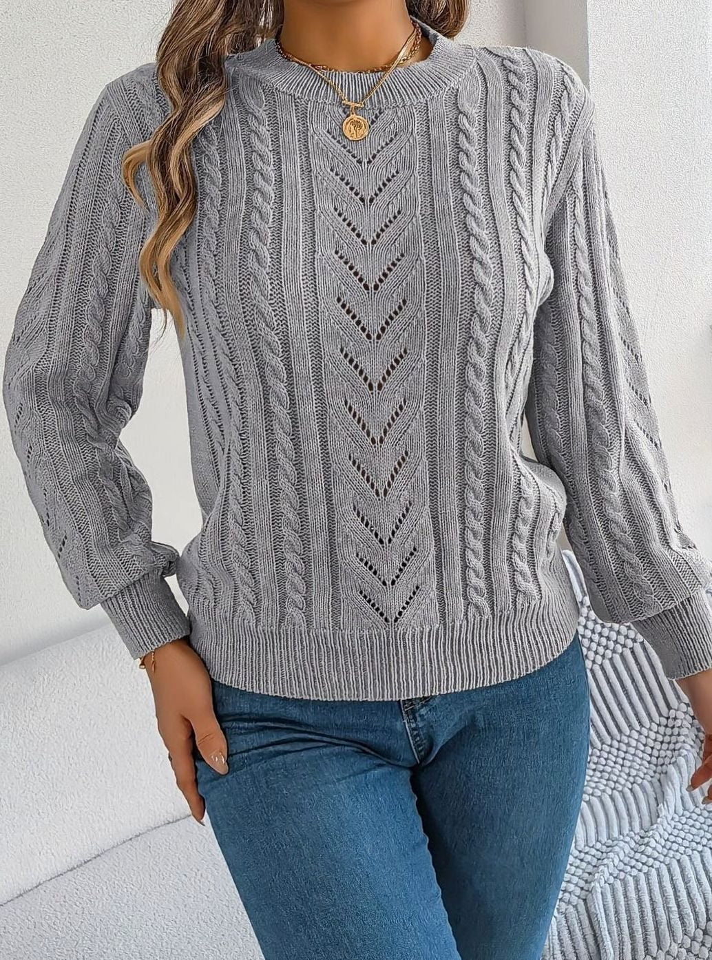 Olivia | Women's Cable-Knit Openwork Crew-Neck Pullover Sweater