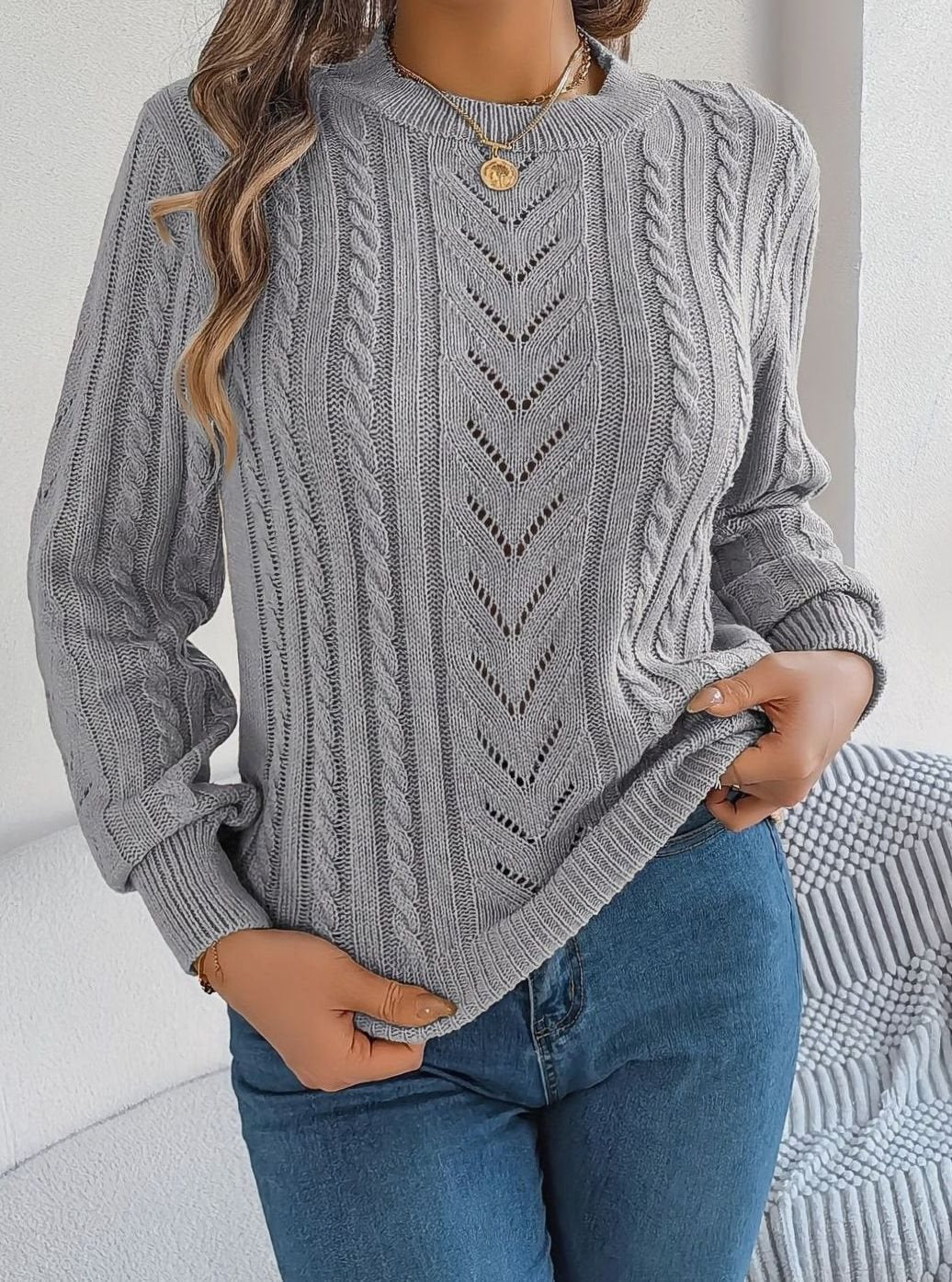 Olivia | Women's Cable-Knit Openwork Crew-Neck Pullover Sweater
