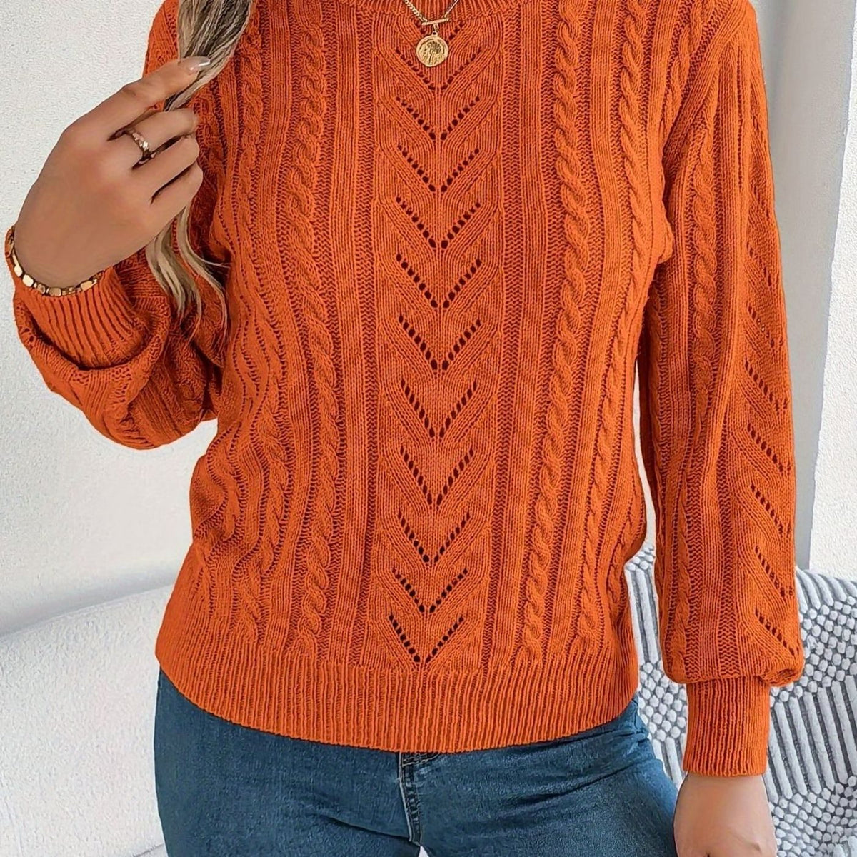 Olivia | Women's Cable-Knit Openwork Crew-Neck Pullover Sweater