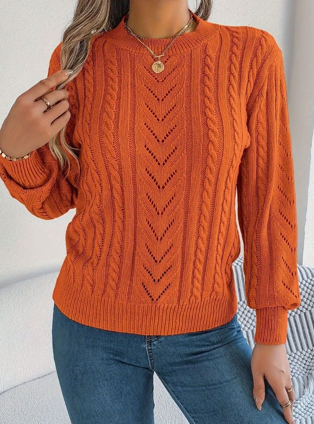 Olivia | Women's Cable-Knit Openwork Crew-Neck Pullover Sweater