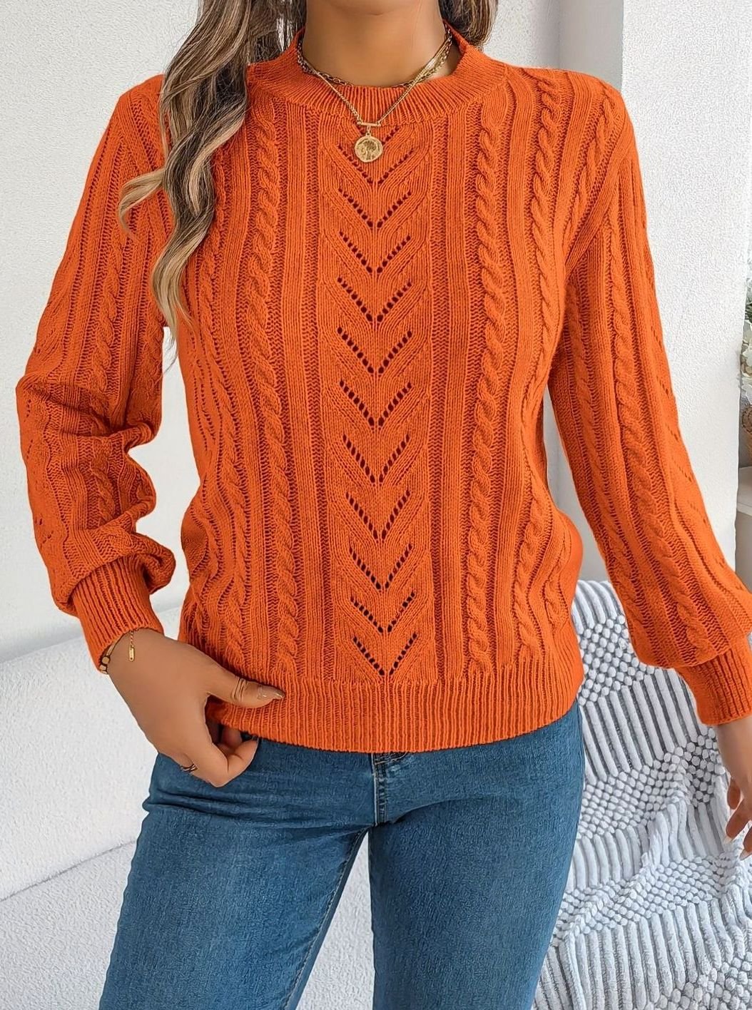 Olivia | Women's Cable-Knit Openwork Crew-Neck Pullover Sweater