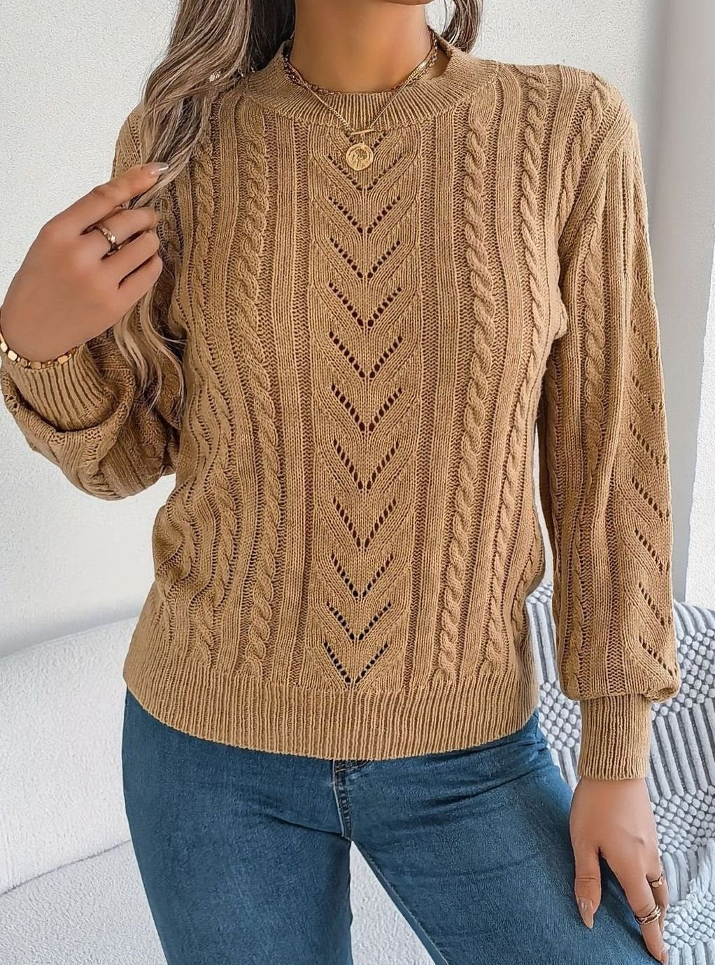 Olivia | Women's Cable-Knit Openwork Crew-Neck Pullover Sweater