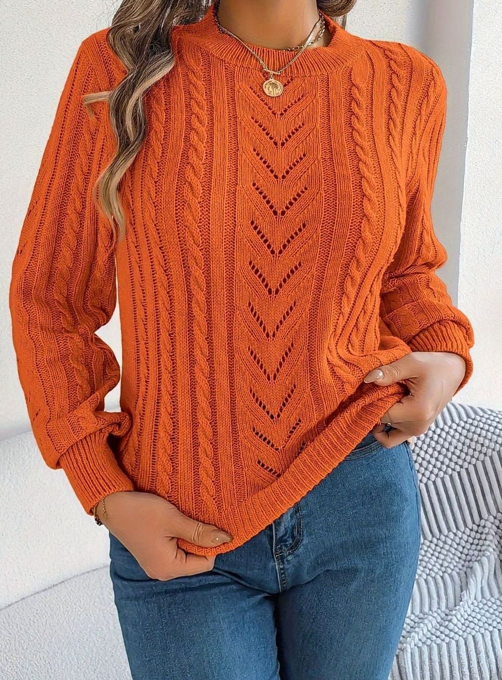 Olivia | Women's Cable-Knit Openwork Crew-Neck Pullover Sweater