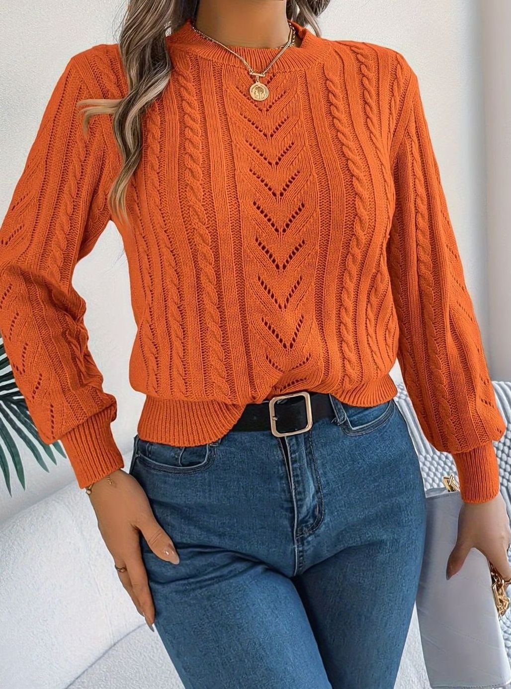 Olivia | Women's Cable-Knit Openwork Crew-Neck Pullover Sweater