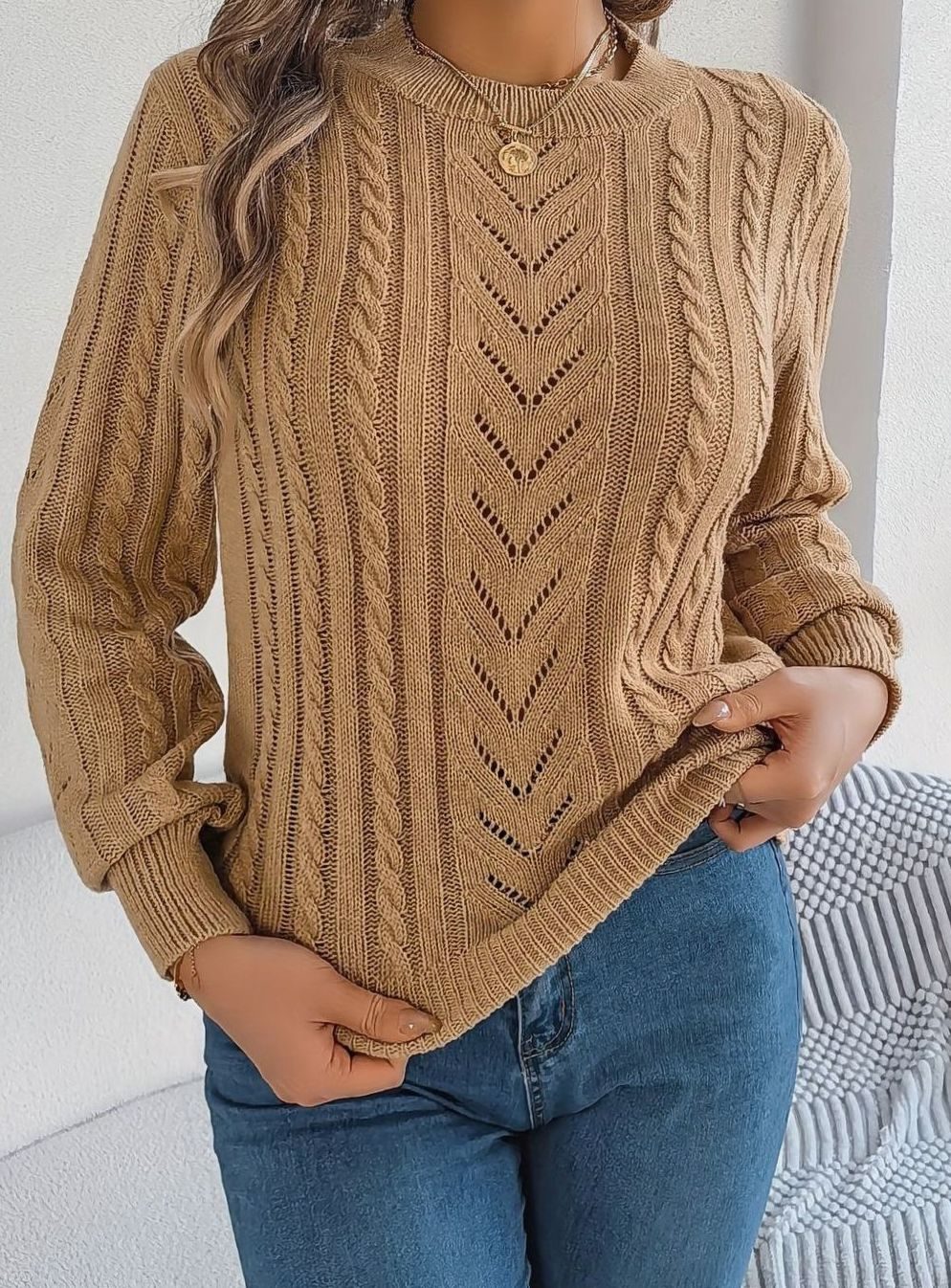 Olivia | Women's Cable-Knit Openwork Crew-Neck Pullover Sweater