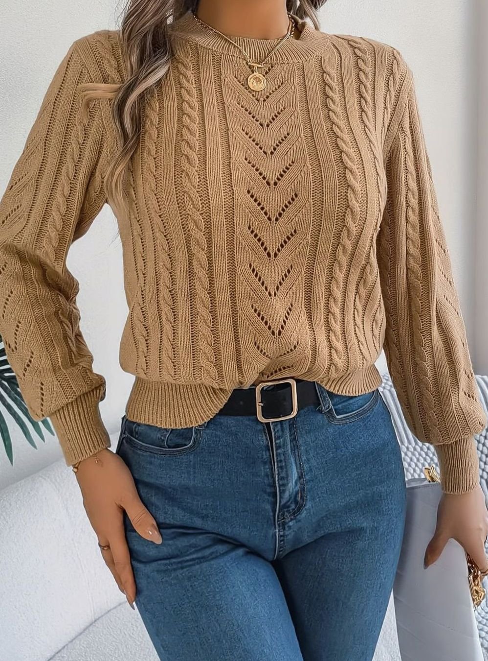 Olivia | Women's Cable-Knit Openwork Crew-Neck Pullover Sweater