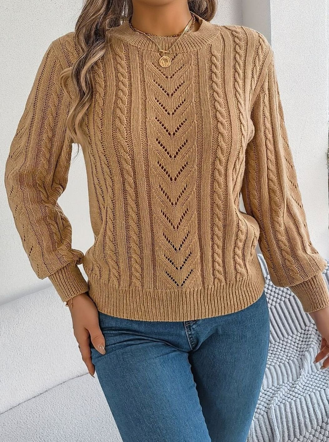 Olivia | Women's Cable-Knit Openwork Crew-Neck Pullover Sweater
