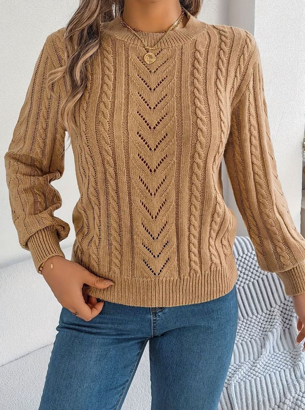 Olivia | Women's Cable-Knit Openwork Crew-Neck Pullover Sweater