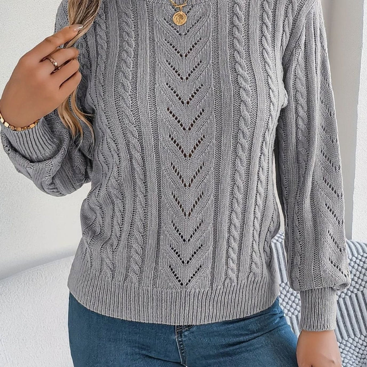 Olivia | Women's Cable-Knit Openwork Crew-Neck Pullover Sweater